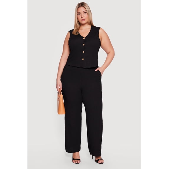 Women's Plus Size Textured Knit Wide Leg Pants