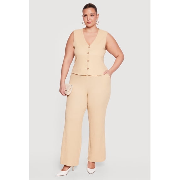 Women's Plus Size Textured Knit Wide Leg Pants
