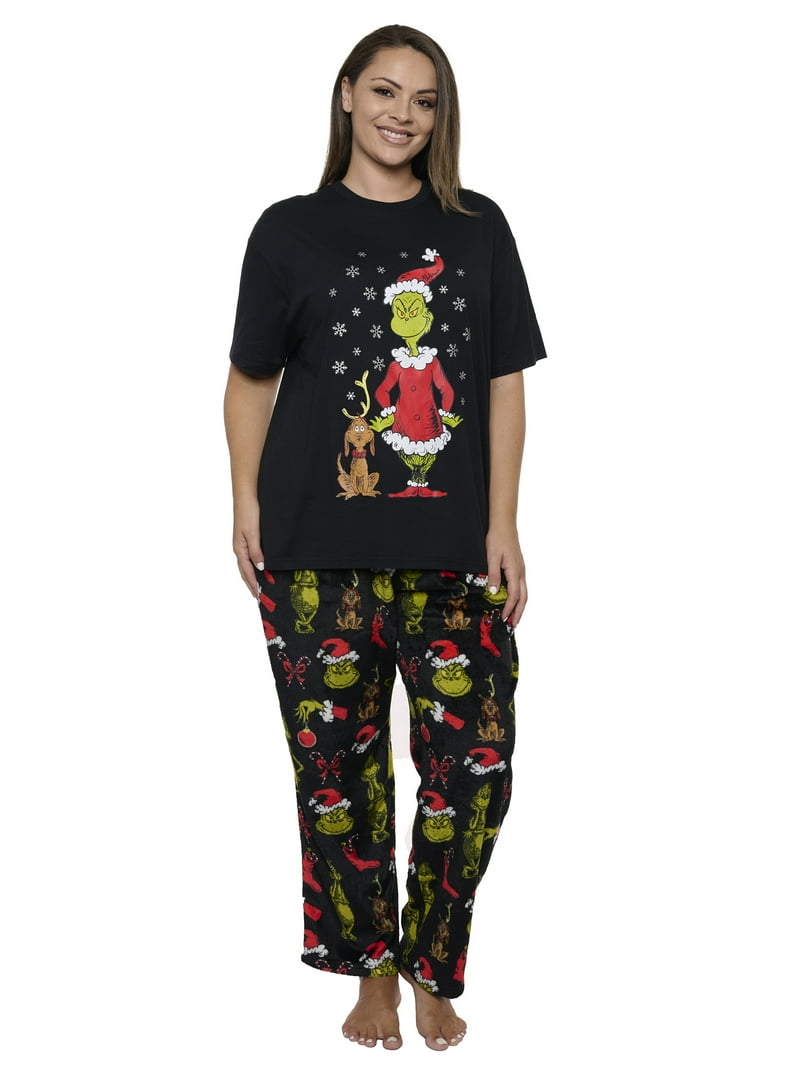 Women's Plus Size The Grinch T-Shirt & Pant Plush Pajama Set Dr