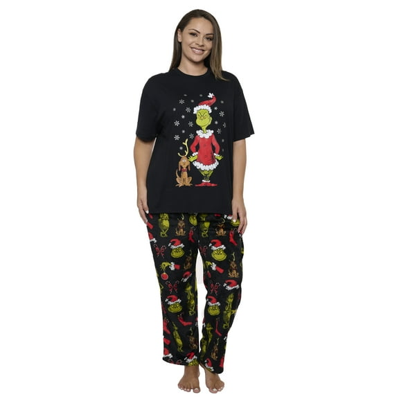 Women's Plus Size The Grinch T-Shirt & Pant Plush Pajama Set Dr Seuss Christmas