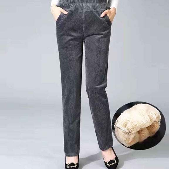 Women's Plus Size Thermal Pants, High Waisted Fleece Lined Straight Leg Winter Pants, Thick Warm Elastic Waist Casual Pants for Cold Weather and Daily Wear Grey XXL