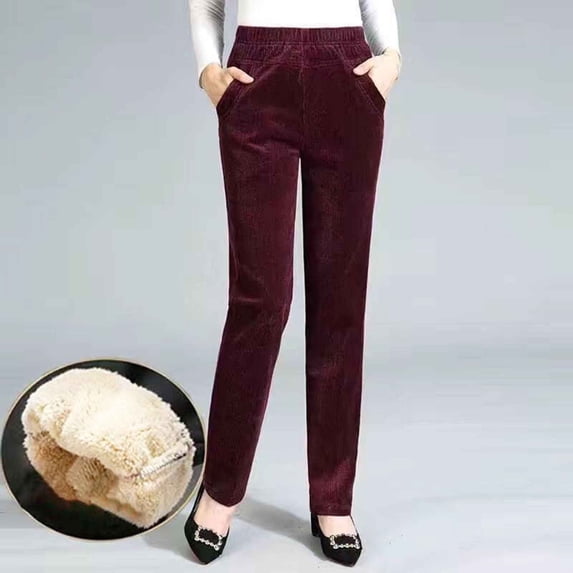 Women's Plus Size Thermal Pants, High Waisted Fleece Lined Straight Leg Winter Pants, Thick Warm Elastic Waist Casual Pants for Cold Weather and Daily Wear Wine L