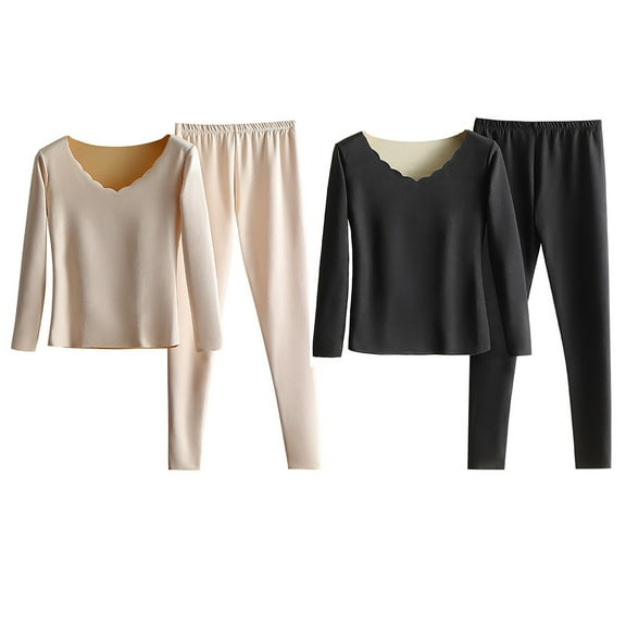 Women's Plus Size Thermal Underwear Sets 2-Piece with Thickened Round Neck Top and Pants for Cold Weather