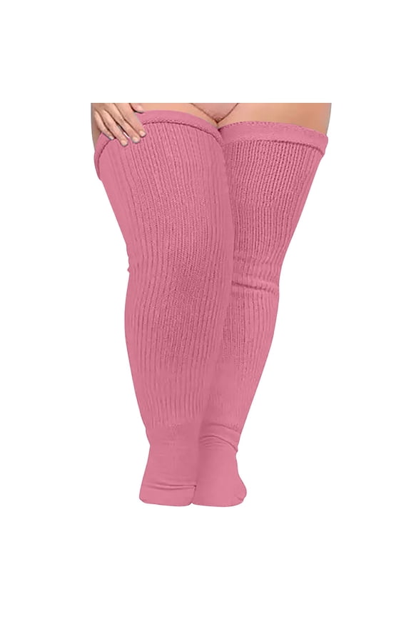 Women's Plus Size Thigh High Socks, Solid Color Extra Long Extra Thick Knit Over the Knee Compression Socks for Fashion, Warmth, and Leg Shaping, Tall Socks for Casual Wear and Cold Weather Pink