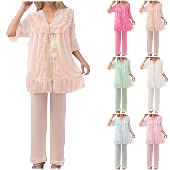 Women's Plus Size Three Piece Ice Silk Pajama Sets, Loose Five Quarter Sleeve Top, Long Pants & Nightgown, Multi Style Oversized Loungewear for Spring Summer Indoor | TruHer,Green Free Size