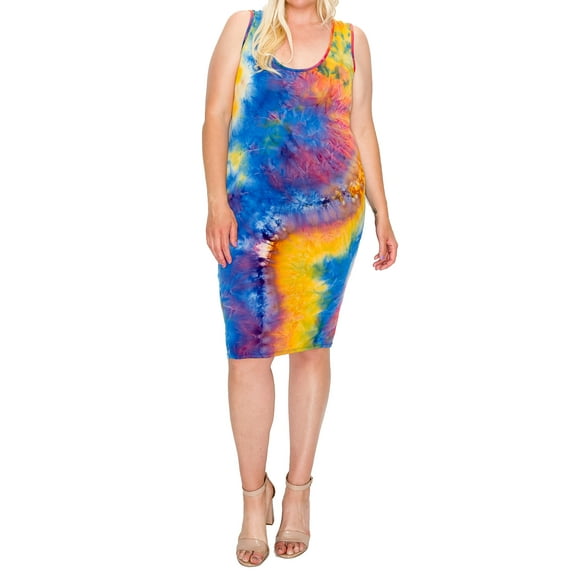 Women's Plus Size Tie Dye Fitted Bodycon Scoop Neck Sleeveless Basic Cami Midi Dress