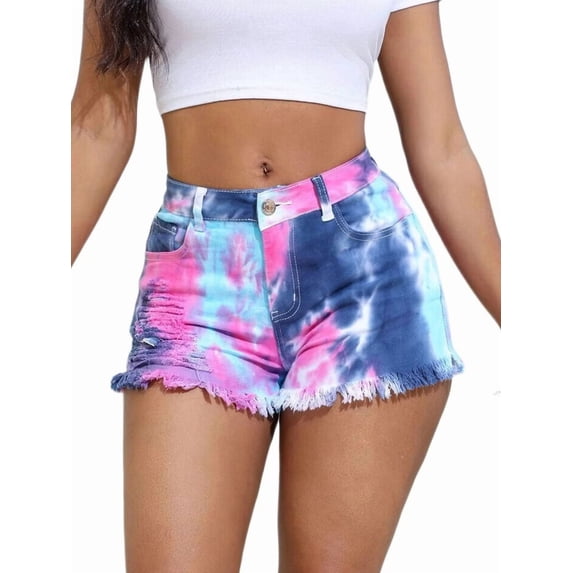 Women's Plus Size Tie Dye Jean Ripped Distressed Frayed Raw Hem Stretchy Denim Shorts Blue 4XL