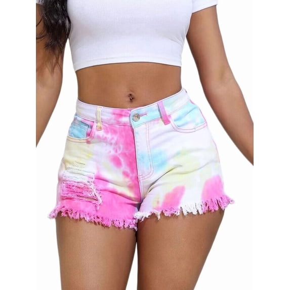 Women's Plus Size Tie Dye Jean Ripped Distressed Frayed Raw Hem Stretchy Denim Shorts Pink 0XL