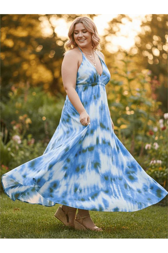 Women's Plus Size Tie-Dye Maxi Dress, Sleeveless V-Neck Halter Sundress, Chic Vacation Beach Outfit, Flowy Elegant Gown Women