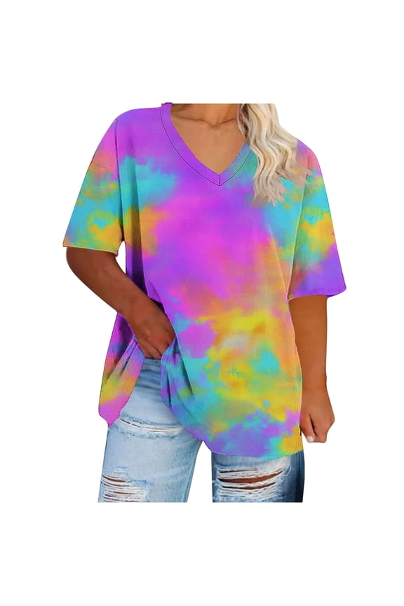 Women's Plus Size Tie Dye Tops Short Sleeve Tee Shirt V Neck Summer Basic Ladies Loose Fit T Shirt