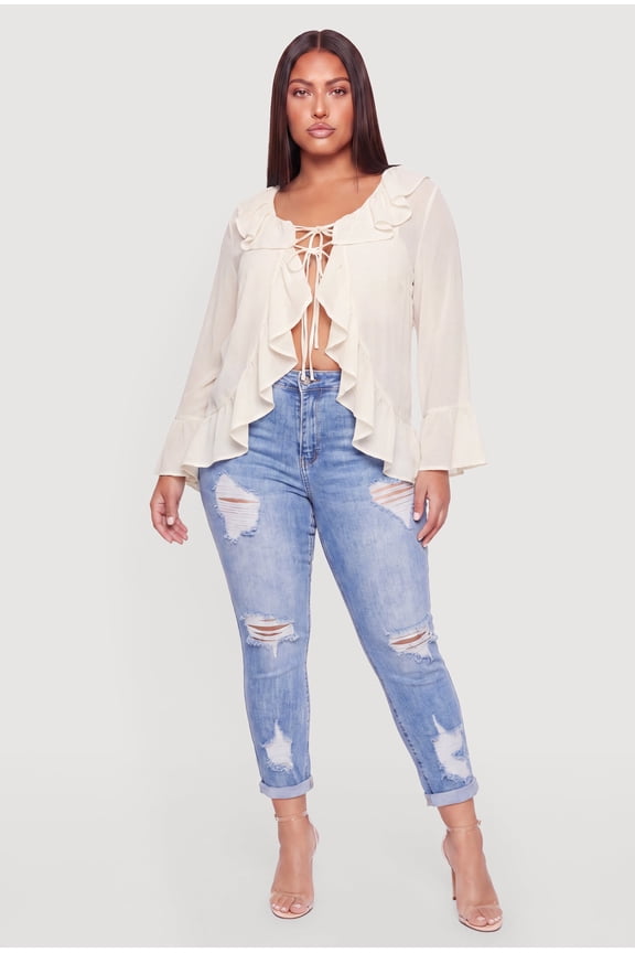 Women's Plus Size Tie Front Flyaway Ruffle Top