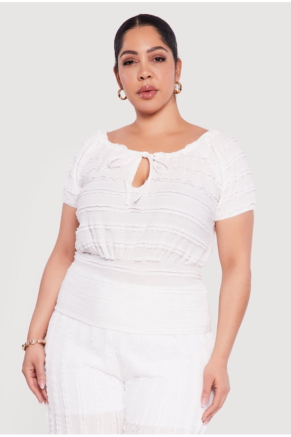 Women's Plus Size Tie Front Keyhole Cinched Waist Ruffle Blouse