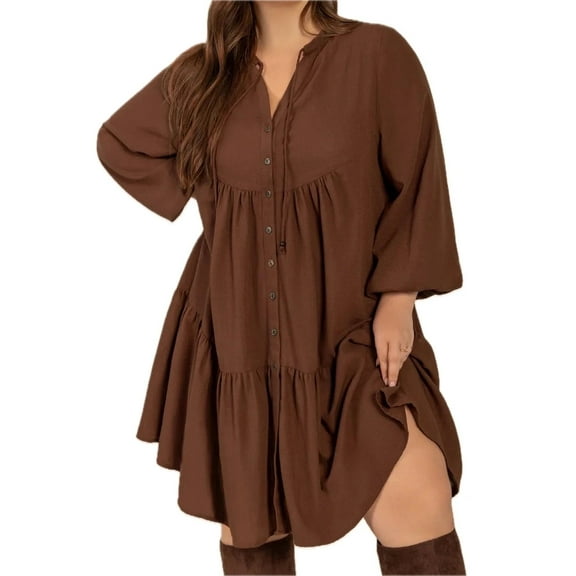 Women's Plus Size Tie Neck Balloon Sleeve Tiered Dress in polyester fabric percent for elegant everyday wear and chic