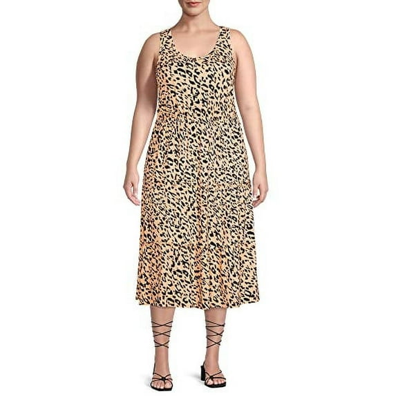 Women's Plus Size Tiered Midi Dress (OX, Tan Leopard)