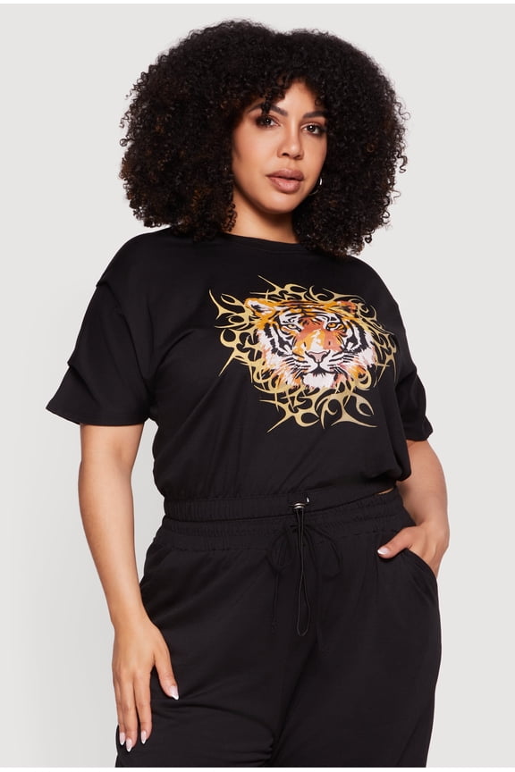 Women's Plus Size Tiger Graphic Drawstring Hem Top