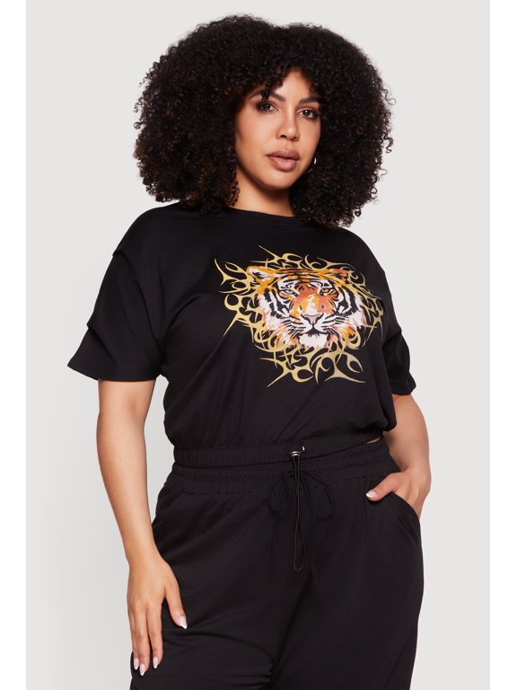 Women's Plus Size Tiger Graphic Drawstring Hem Top