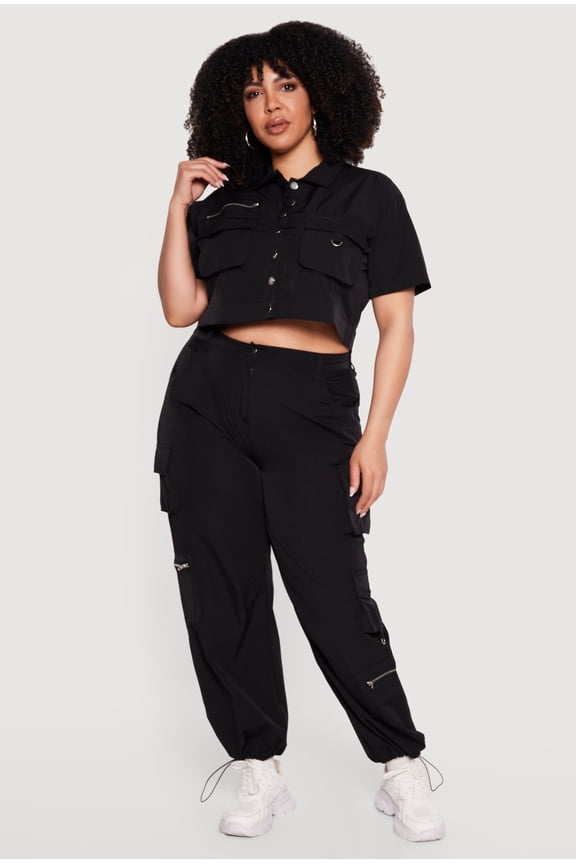 Women's Plus Size Toggle Drawstring Hem Nylon Cargo Pants