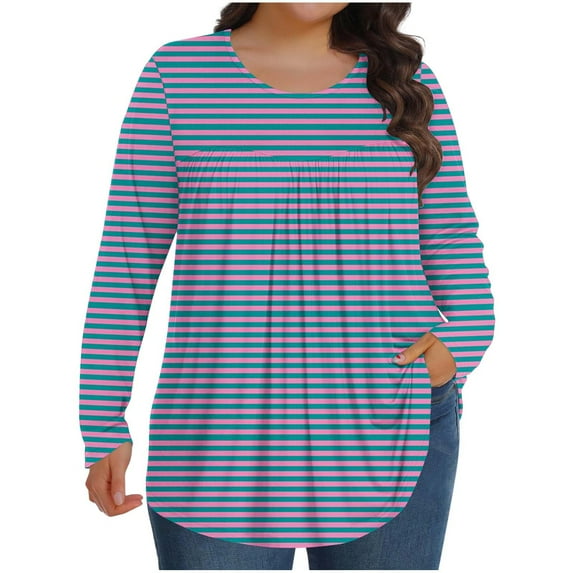 Women's Plus Size Top Casual Long Sleeve Round Neck Stripe Tee Basic Ladies Loose Fit Pleated T Shirt