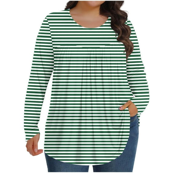 Women's Plus Size Top Casual Long Sleeve Round Neck Stripe Tee Basic Ladies Loose Fit Pleated T Shirt