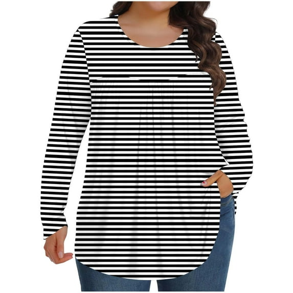 Women's Plus Size Top Casual Long Sleeve Round Neck Stripe Tee Basic Ladies Loose Fit Pleated T Shirt