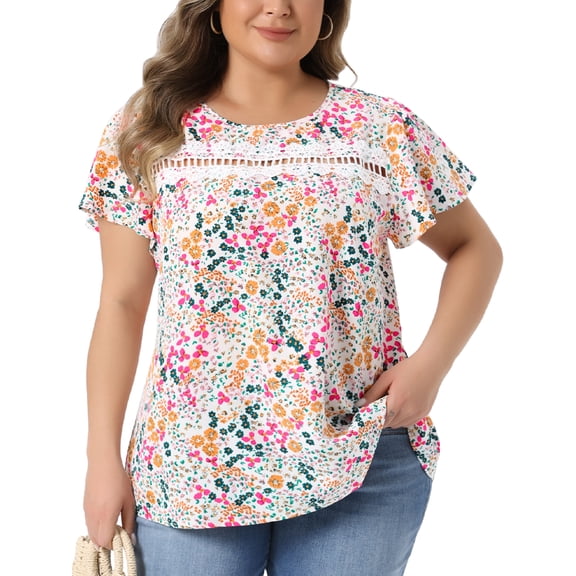 Agnes Orinda Women's Plus Size Floral Top Front Lace Hollow Crew Neck Short Sleeve Blouse Summer Casual Shirt 1X White
