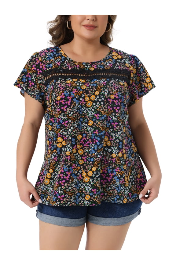 Women's Plus Size Floral Top Front Lace Hollow Crew Neck Short Sleeve Blouse Summer Casual Shirt 2X Black
