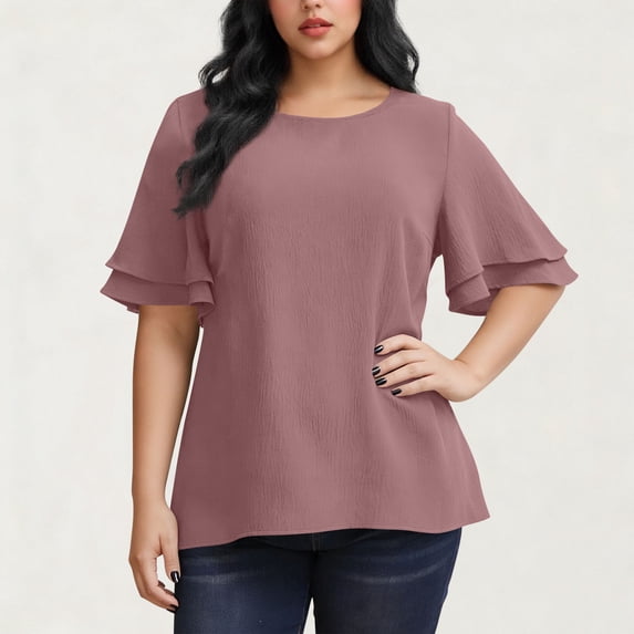 Women's Plus Size Top Work Blouses For Women Short Ruffle Sleeves Top Dressy Shirt Office Elegant Crewneck Loose Tops Summer Blouse Shirt