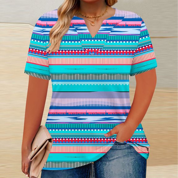 Women's Plus Size Tops 1X-5X Fashion Summer Outfits Striped Print Casual Tshirts V Neck Short Sleeve Tunic Blouses (L, Multicolor)