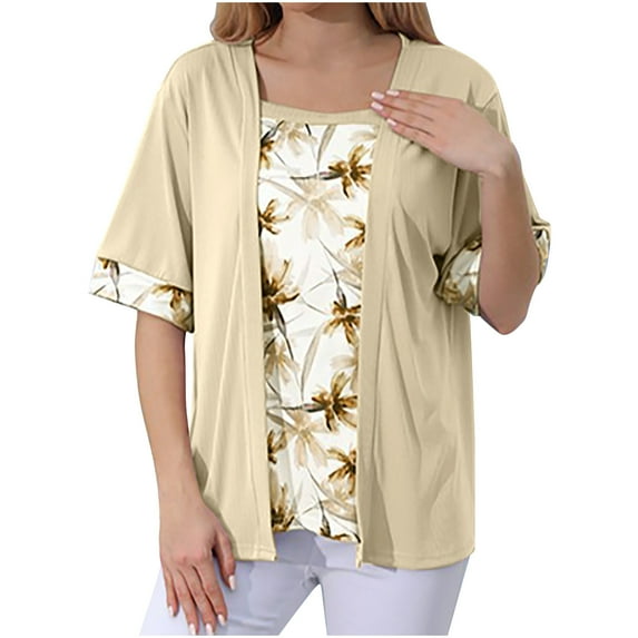 Women's Plus Size Tops 2 in 1 Casual Flowy Square Neck Floral Printed Trendy Tops Summer Loose Short Sleeve Blouses (4XL, Khaki)