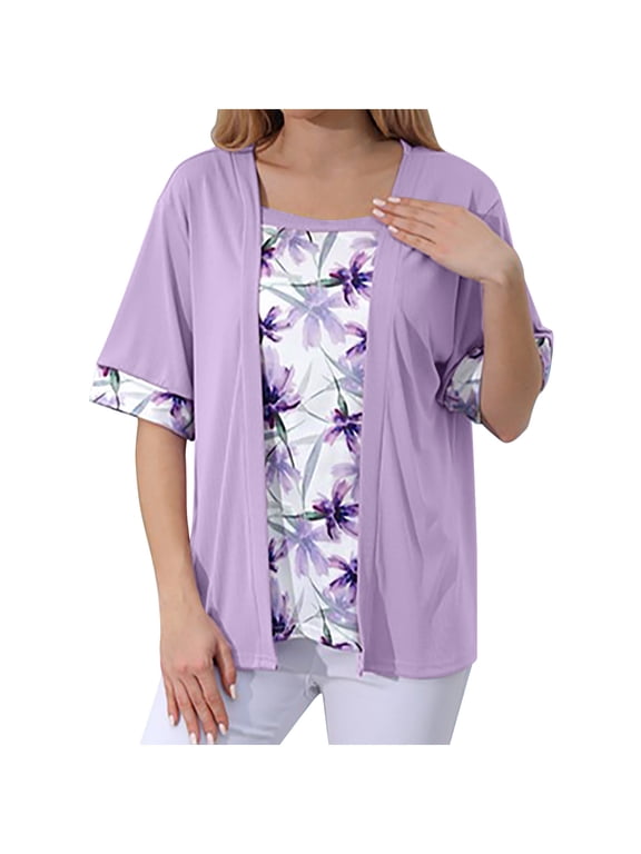 Women's Plus Size Tops 2 in 1 Casual Flowy Square Neck Floral Printed Trendy Tops Summer Loose Short Sleeve Blouses (4XL, Purple)