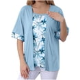 thumbnail image 1 of Women's Plus Size Tops 2 in 1 Casual Flowy Square Neck Floral Printed Trendy Tops Summer Loose Short Sleeve Blouses (5XL, Blue), 1 of 6