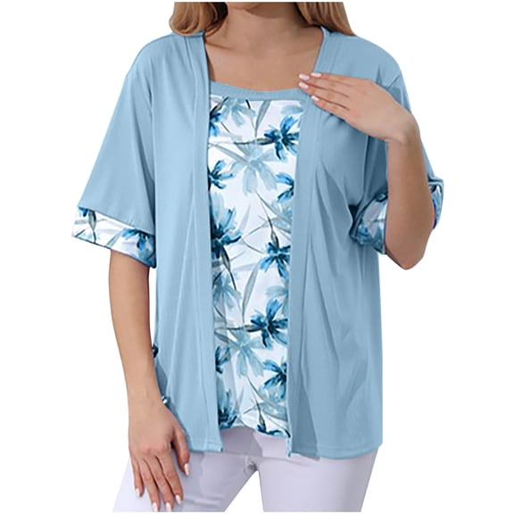 Women's Plus Size Tops 2 in 1 Casual Flowy Square Neck Floral Printed Trendy Tops Summer Loose Short Sleeve Blouses (XL, Blue)