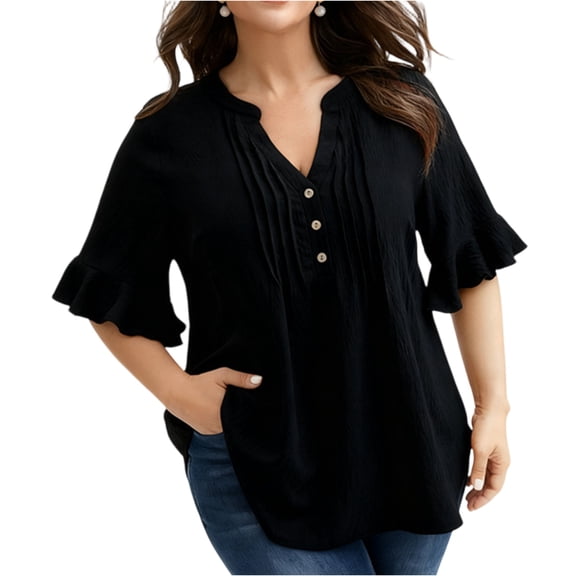 Women's Plus Size Tops 2026 Spring Ruffle Short Sleeve T Shirts Oversized V Neck Button Down Blouses Casual Basic Peplum Tops OIOLOYJM Black 4XL