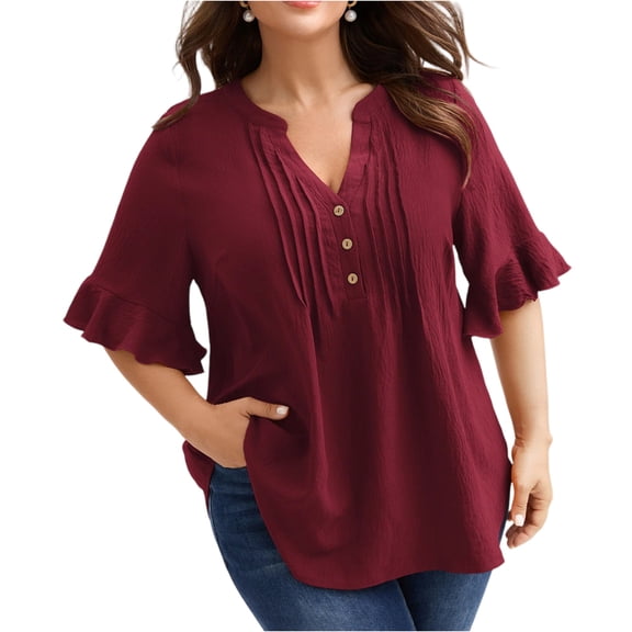 Women's Plus Size Tops 2026 Summer Ruffle Short Sleeve T Shirts Loose Fit V Neck Button Down Blouses Dressy Casual Peplum Tops OIOLOYJM Wine XL