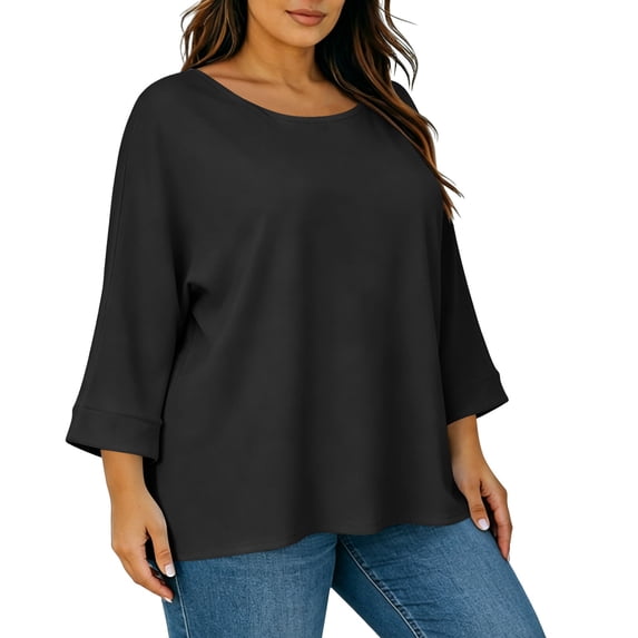 Women's Plus Size Tops 3/4 Length Sleeve Crew Neck T-Shirts 1X-5X Solid Color Loose Casual Summer Clothes (2XL, Black)