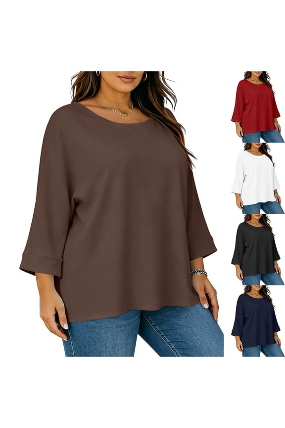 Women's Plus Size Tops 3/4 Length Sleeve Crew Neck T-Shirts 1X-5X Solid Color Loose Casual Summer Clothes (2XL, Coffee)