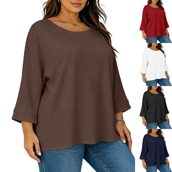 Women's Plus Size Tops 3/4 Length Sleeve Crew Neck T-Shirts 1X-5X Solid Color Loose Casual Summer Clothes (3XL, Coffee)
