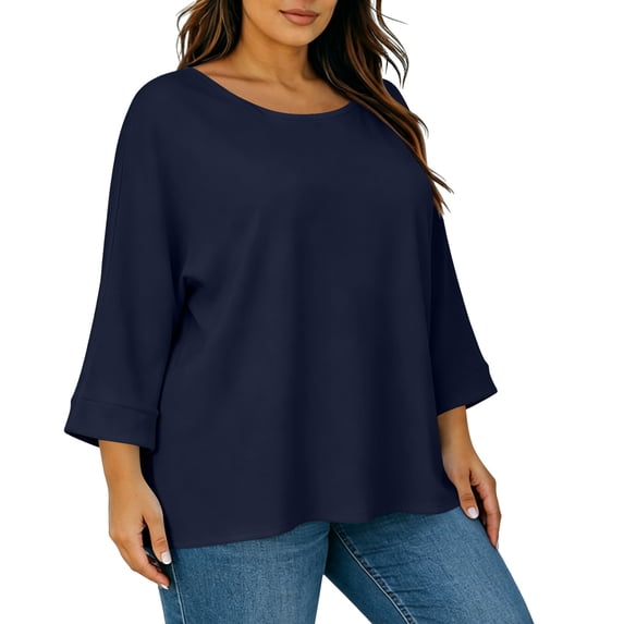 Women's Plus Size Tops 3/4 Length Sleeve Crew Neck T-Shirts 1X-5X Solid Color Loose Casual Summer Clothes (4XL, Navy)