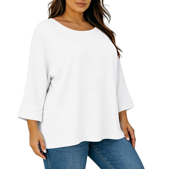 Women's Plus Size Tops 3/4 Length Sleeve Crew Neck T-Shirts 1X-5X Solid Color Loose Casual Summer Clothes (4XL, White)