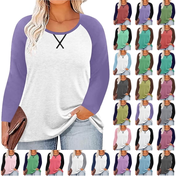 Women's Plus Size Tops Casual Chest Print Solid Color Round Neck Pullover Loose Long Sleeved Raglan Top