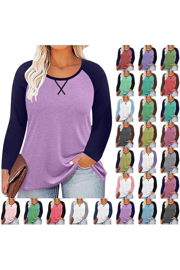 Women's Plus Size Tops Casual Chest Print Solid Color Round Neck Pullover Loose Long Sleeved Raglan Top