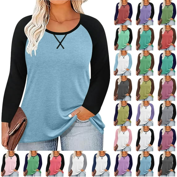 Women's Plus Size Tops Casual Chest Print Solid Color Round Neck Pullover Loose Long Sleeved Raglan Top
