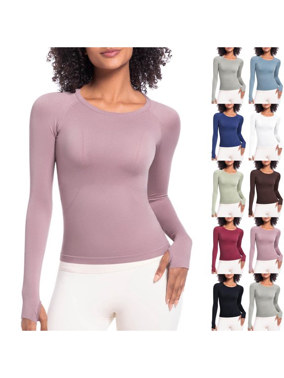 Women's Plus Size Tops Casual Solid Color Sports Yoga Drying Long Sleeved Crew-neck Pink Tunic Tops 2025 Dressy Casual Blouses