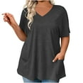 thumbnail image 1 of Women's Plus Size Tops Cotton Short Sleeve V Neck T Shirts Solid Color Casual Blouses with Pockets Loose Fit Summer Tops, 1 of 7