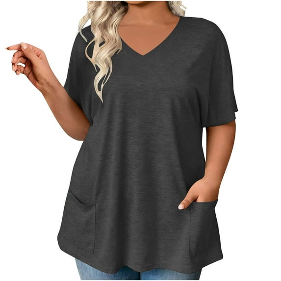 Women's Plus Size Tops Cotton Short Sleeve V Neck T Shirts Solid Color Casual Blouses with Pockets Loose Fit Summer Tops