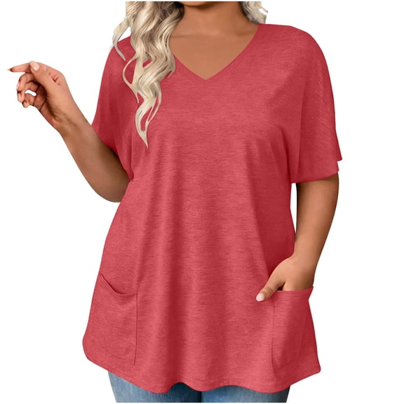 Women's Plus Size Tops Cotton Short Sleeve V Neck T Shirts Solid Color Casual Blouses with Pockets Loose Fit Summer Tops