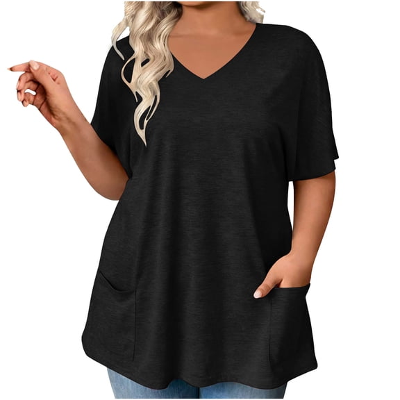 Women's Plus Size Tops Cotton Short Sleeve V Neck T Shirts Solid Color Casual Blouses with Pockets Loose Fit Summer Tops