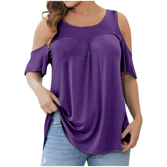 Women's Plus Size Tops Dressy Casual Tunics Blouses Lace Summer Cold Shoulder Shirts Short Sleeve Purple,XXXXL