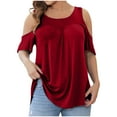 thumbnail image 1 of Women's Plus Size Tops Dressy Casual Tunics Blouses Lace Summer Cold Shoulder Shirts Short Sleeve Wine,5XL, 1 of 6