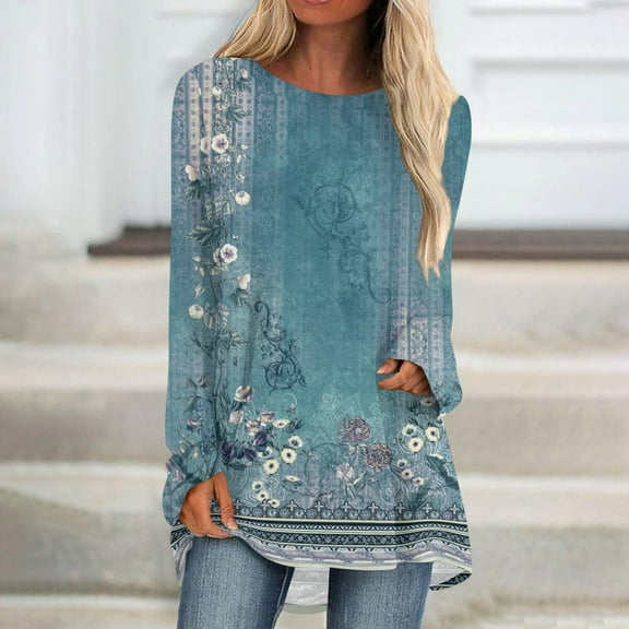 Women's Plus Size Tops Fashion Plus Size Women's Casual Long Sleeved Round Neck Printed T-shirt